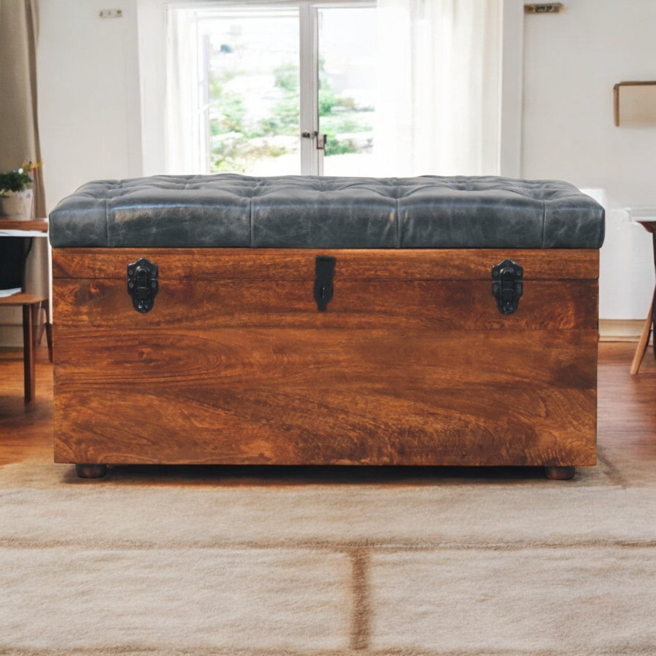 Black Buffalo hide leather Storage Trunk Storage Bench | California Walnut