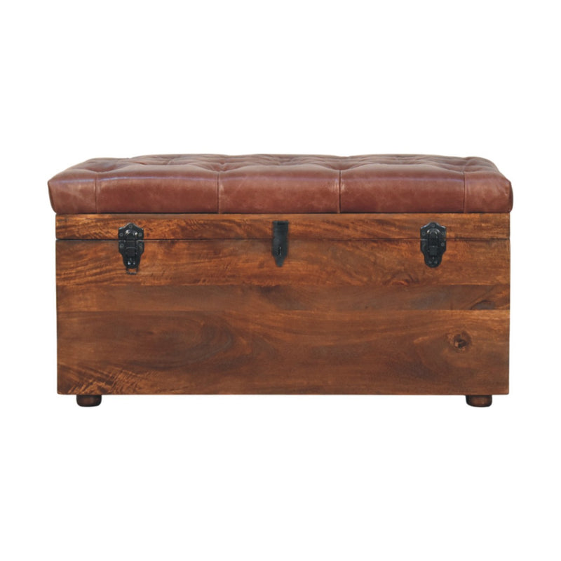 Brown Buffalo hide leather Storage Trunk Storage Bench | California Walnut