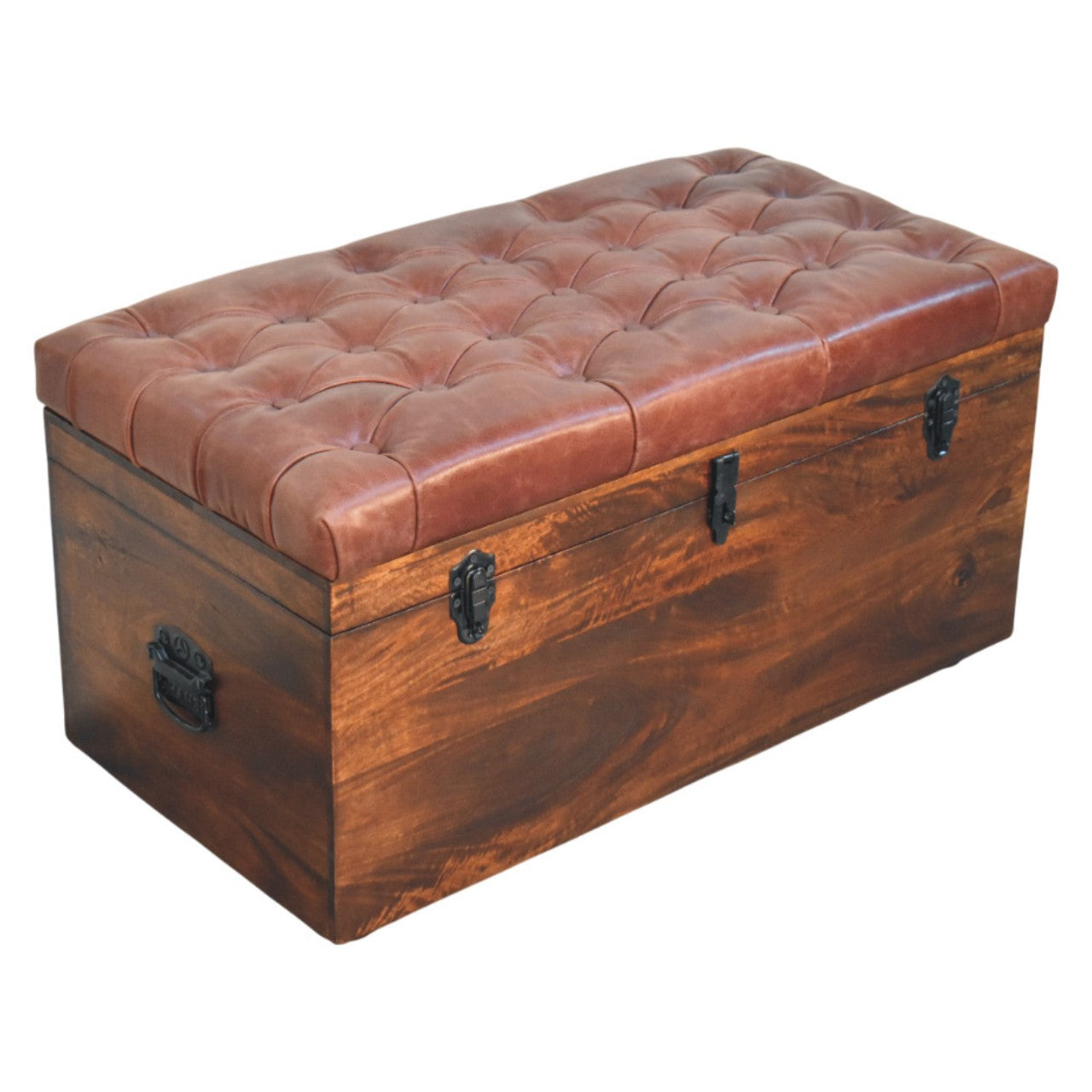 Brown Buffalo hide leather Storage Trunk Storage Bench | California Walnut