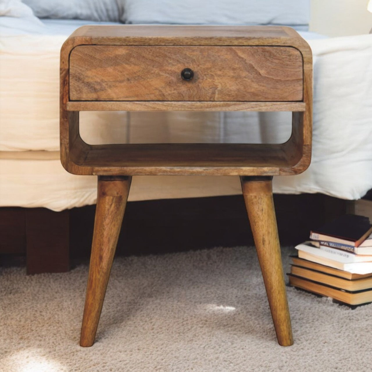 Avora Oak-ish Nightstand with Drawer and open slot Accent Piece | Open Shelf