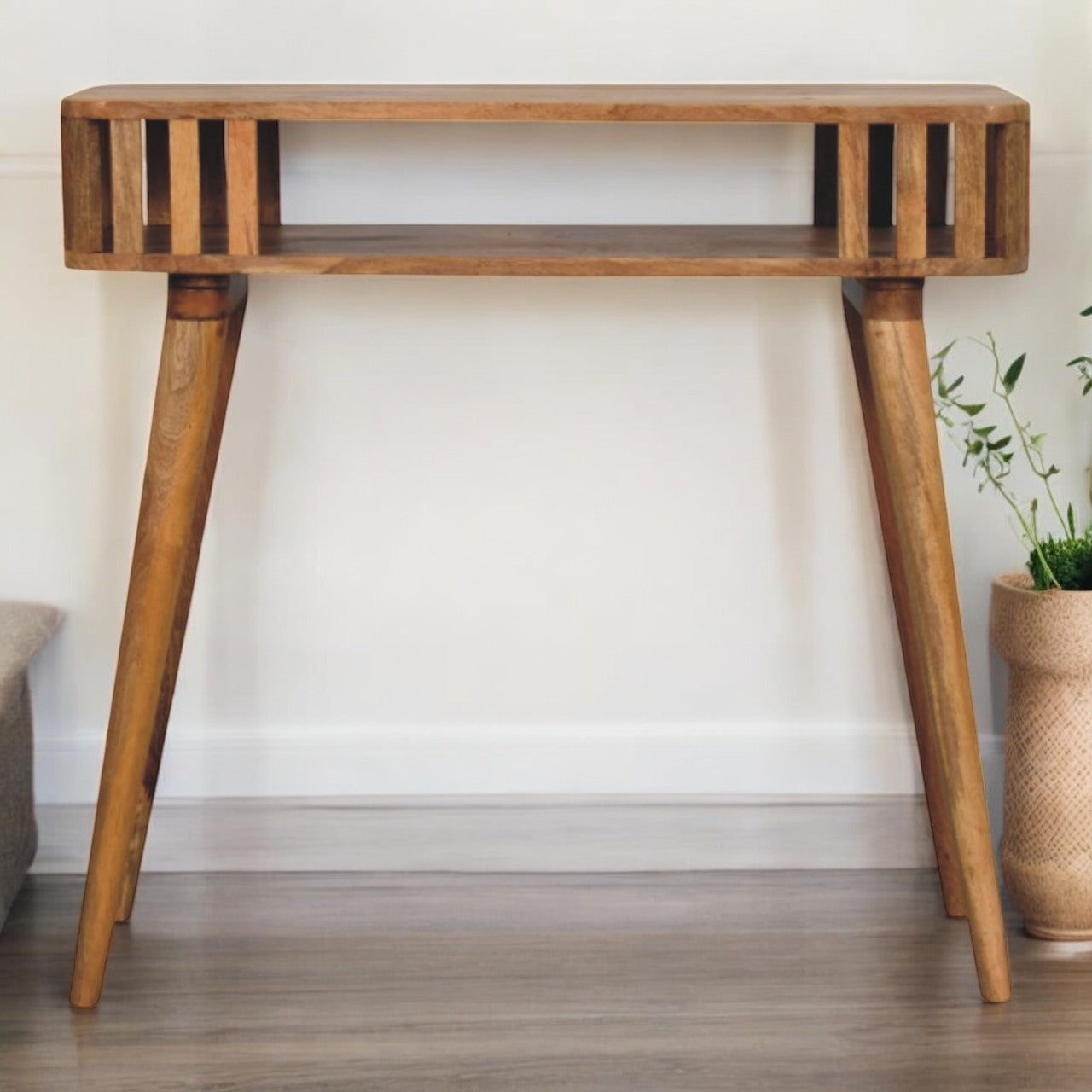 Slatted Oak-ish Console Table | Open Shelf