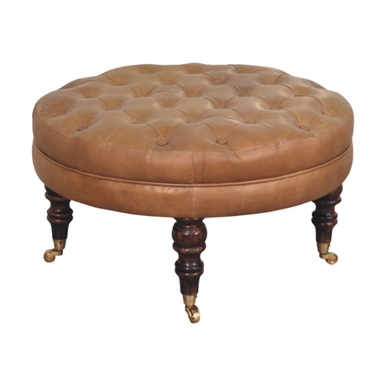 Brown Buffalo Leather Round Ottoman with Castor Legs Storage Bench | Brass Default Title