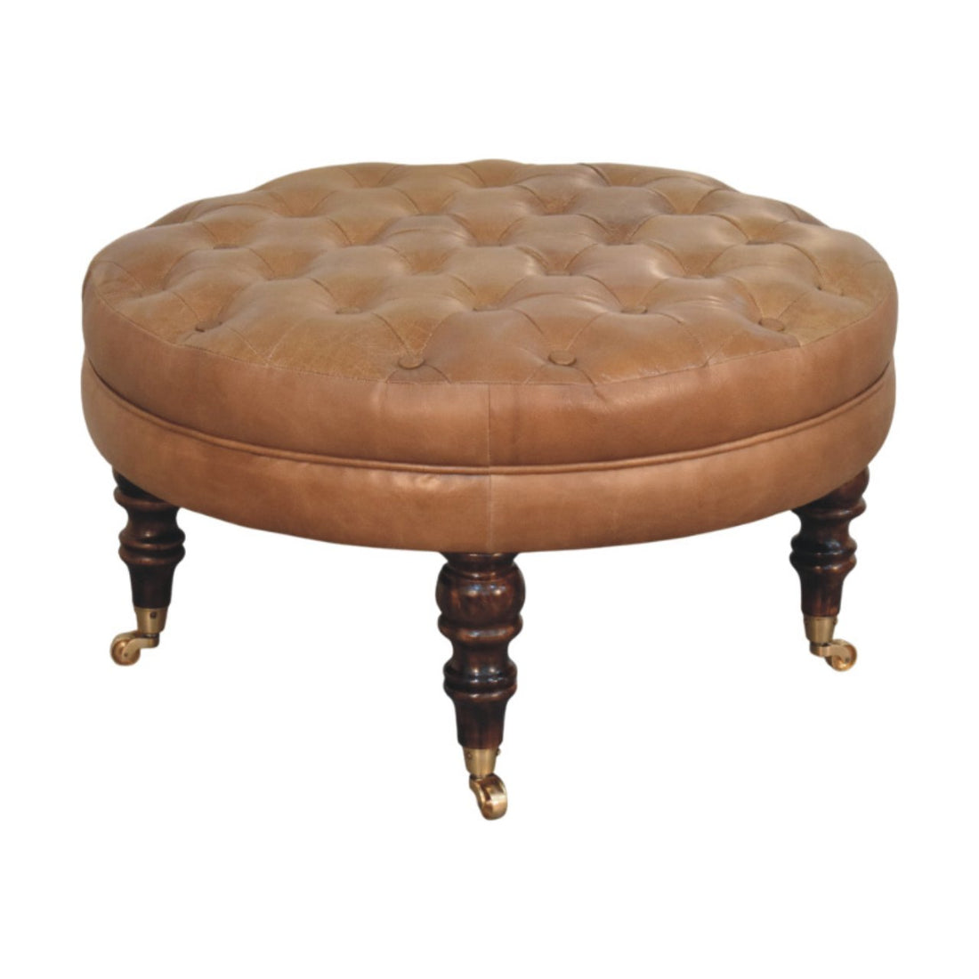 Brown Buffalo Leather Round Ottoman with Castor Legs Storage Bench | Brass Default Title