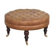 Brown Buffalo Leather Round Ottoman with Castor Legs
