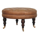 Brown Buffalo Leather Round Ottoman with Castor Legs Storage Bench | Brass