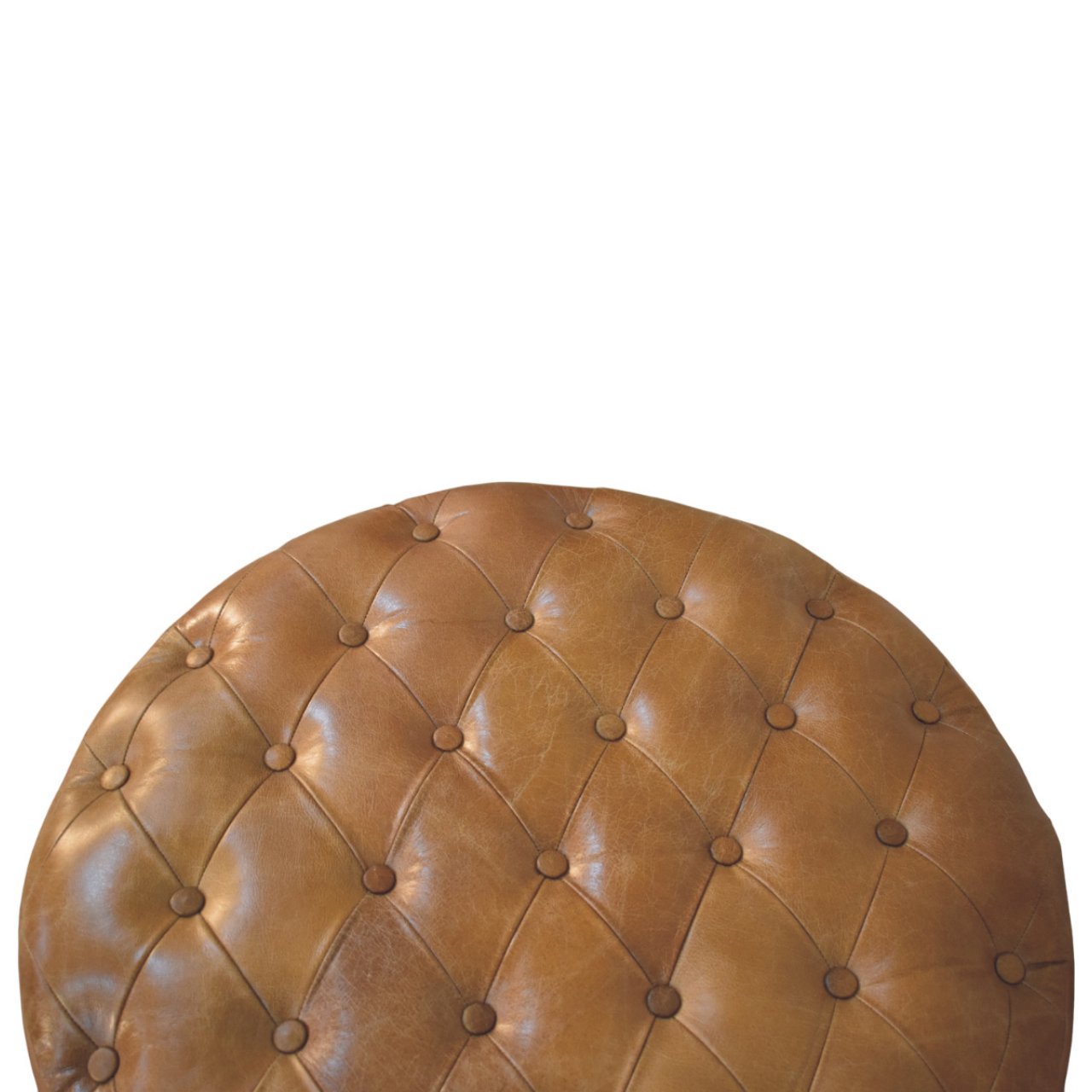 Brown Buffalo Leather Round Ottoman with Castor Legs