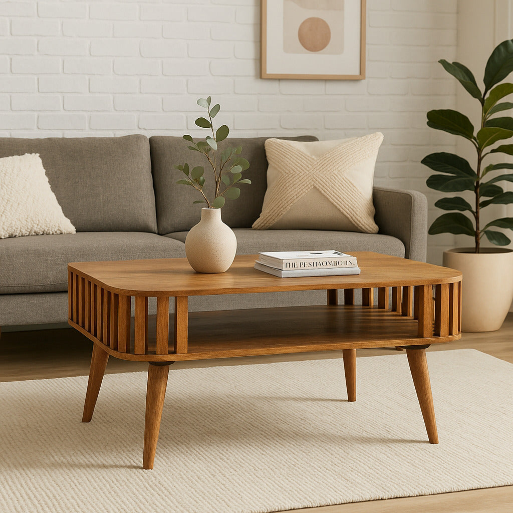 Slatted Oak-ish Coffee Table | Open Shelf