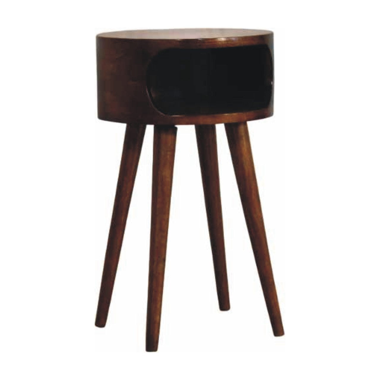 Round Chestnut Nightstand with Open Shelf Chest of Drawers