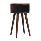 Round Chestnut Nightstand with Open Shelf Chest of Drawers