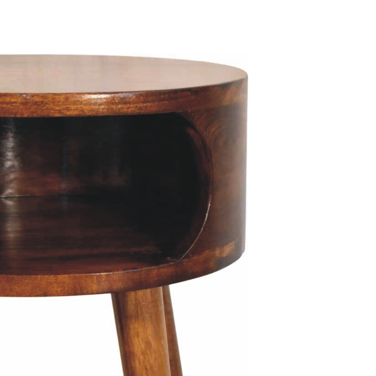 Round Chestnut Nightstand with Open Shelf Chest of Drawers
