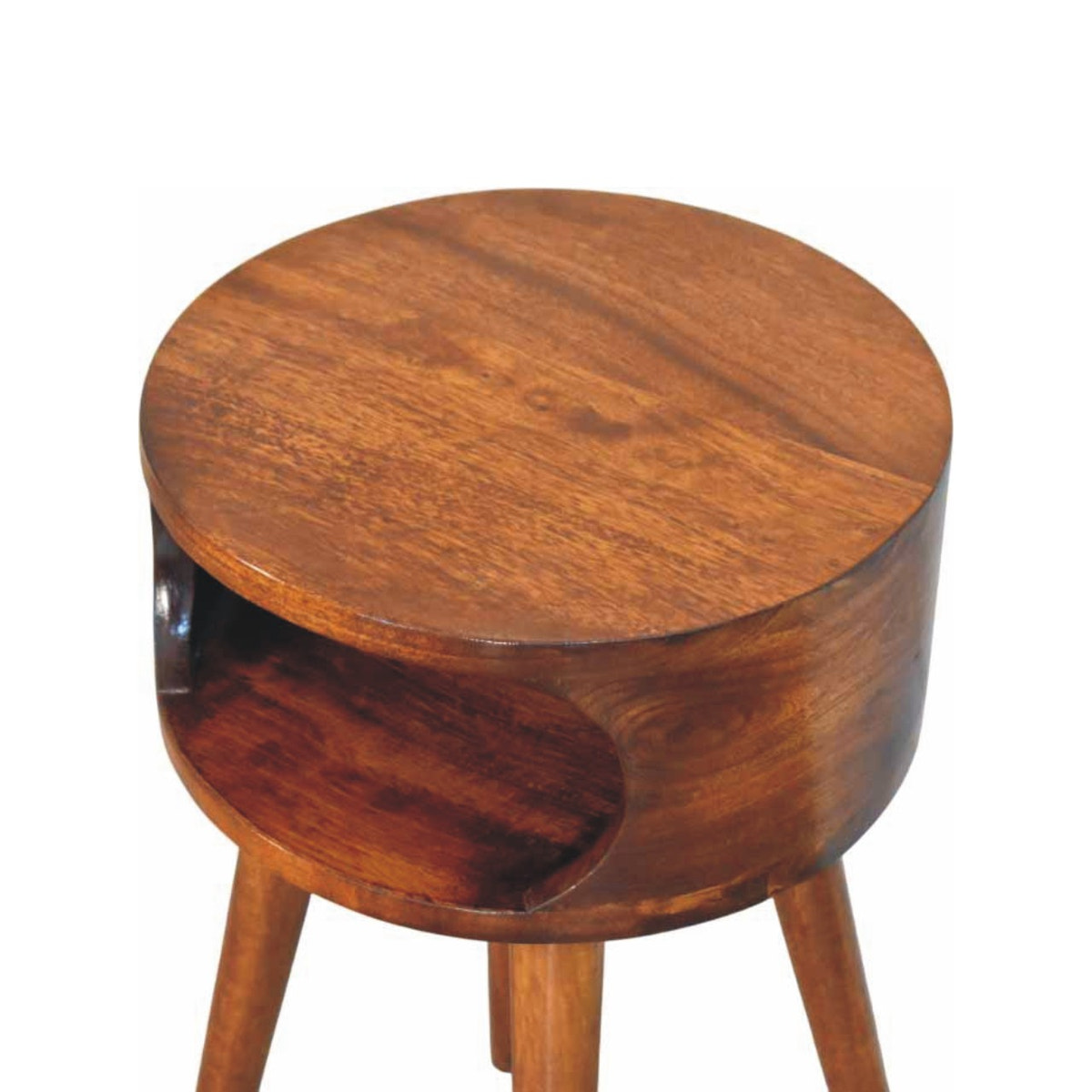 Round Chestnut Nightstand with Open Shelf Chest of Drawers