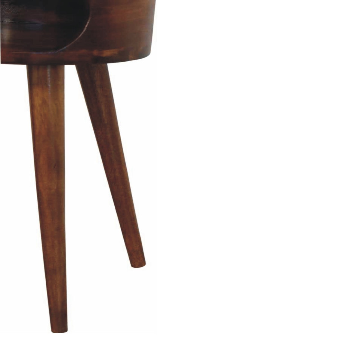 Round Chestnut Nightstand with Open Shelf Chest of Drawers