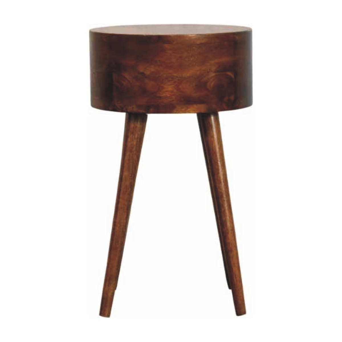 Round Chestnut Nightstand with Open Shelf Chest of Drawers