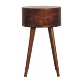 Round Chestnut Nightstand with Open Shelf Chest of Drawers