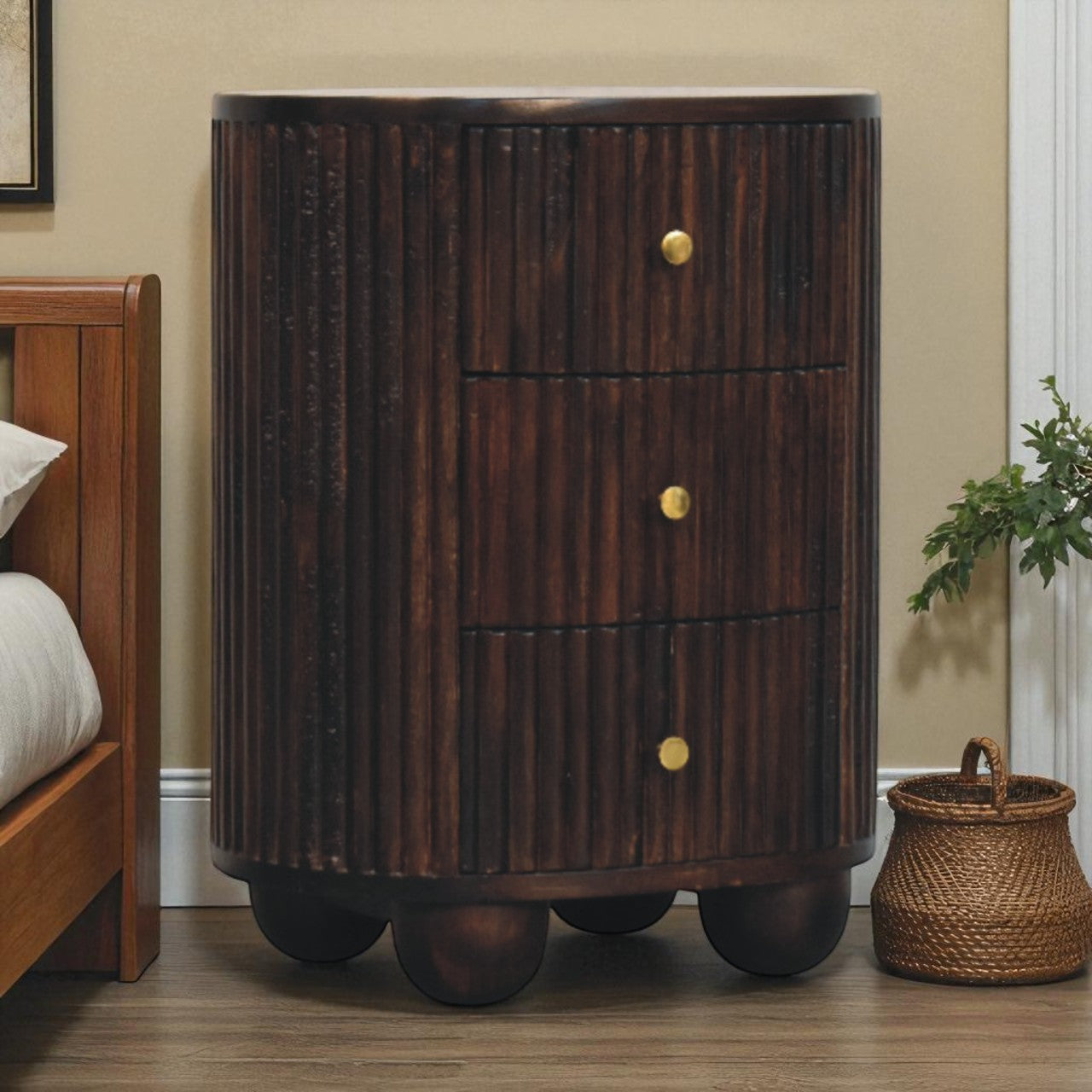 Curved Fluted 3-Drawer Bedside Table | Brass Velvet