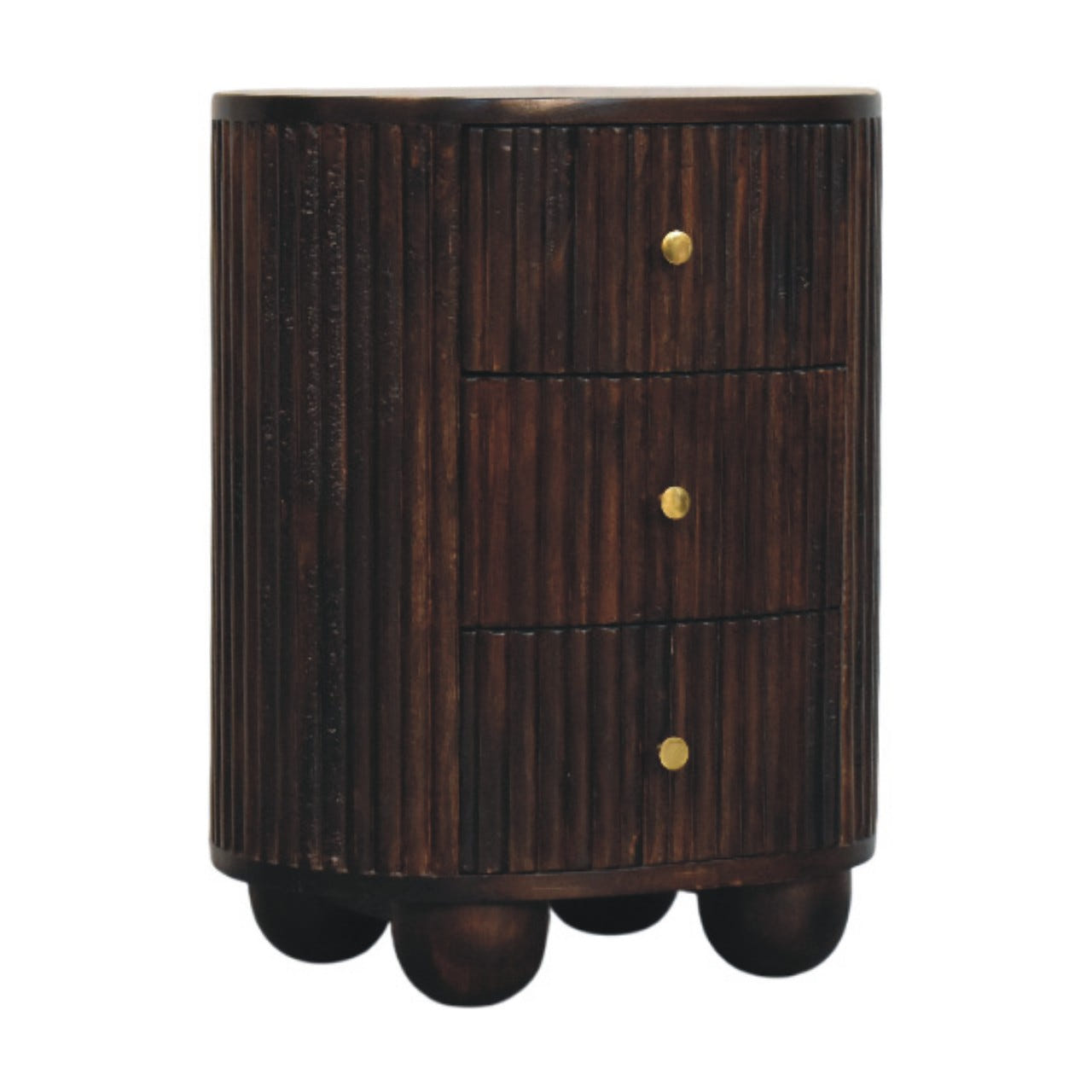 Curved Fluted 3-Drawer Bedside Table | Brass Velvet