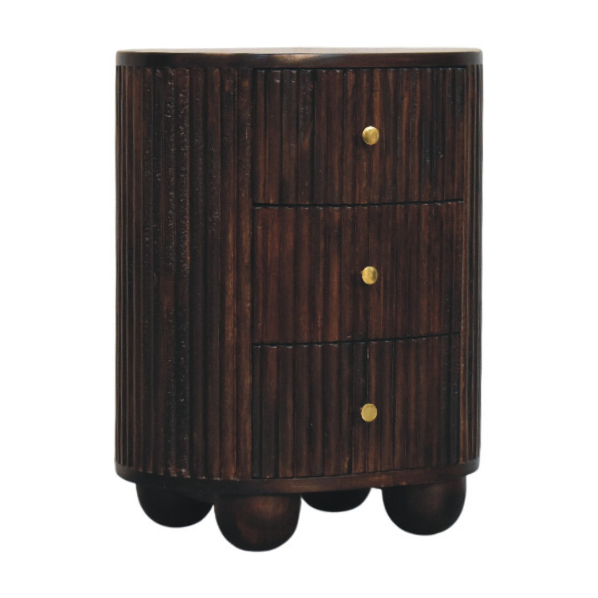 Curved Fluted 3-Drawer Bedside Table | Brass Velvet