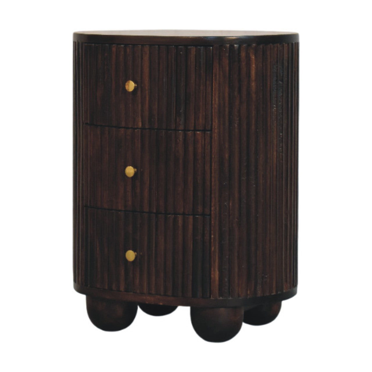 Curved Fluted 3-Drawer Bedside Table | Brass Velvet