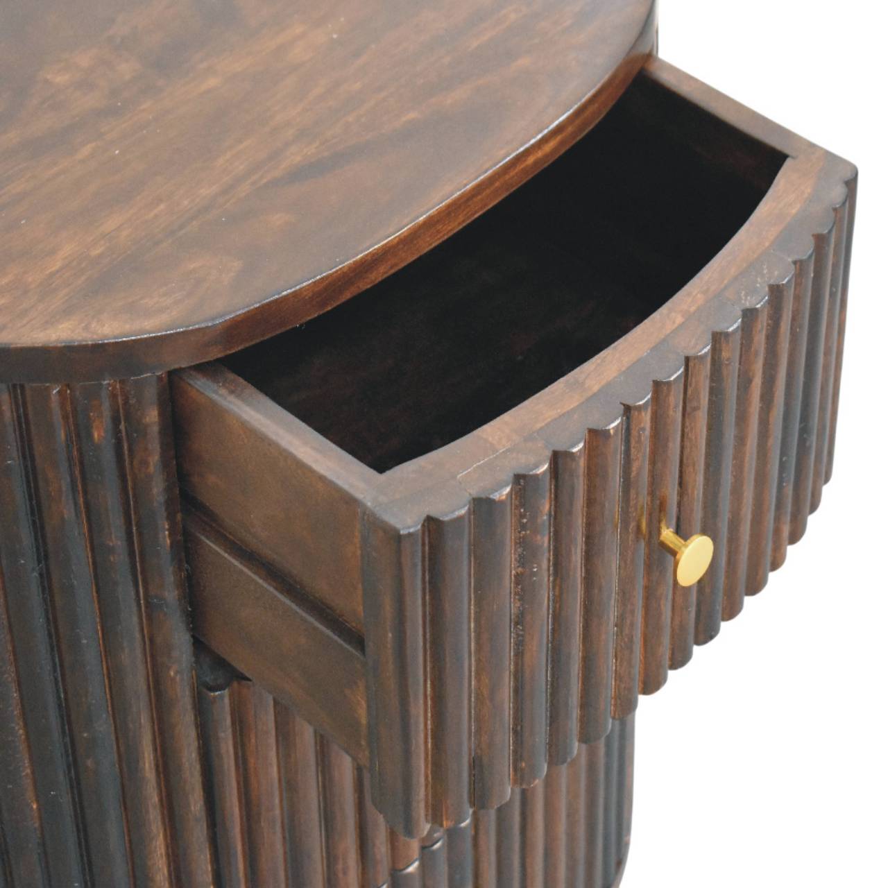 Curved Fluted 3-Drawer Bedside Table | Brass Velvet