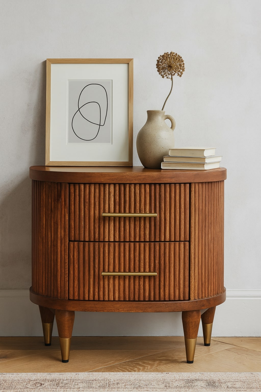 Ribbed Bedside with Brass Accents Bedside Table | Oak Solid Mango Wood