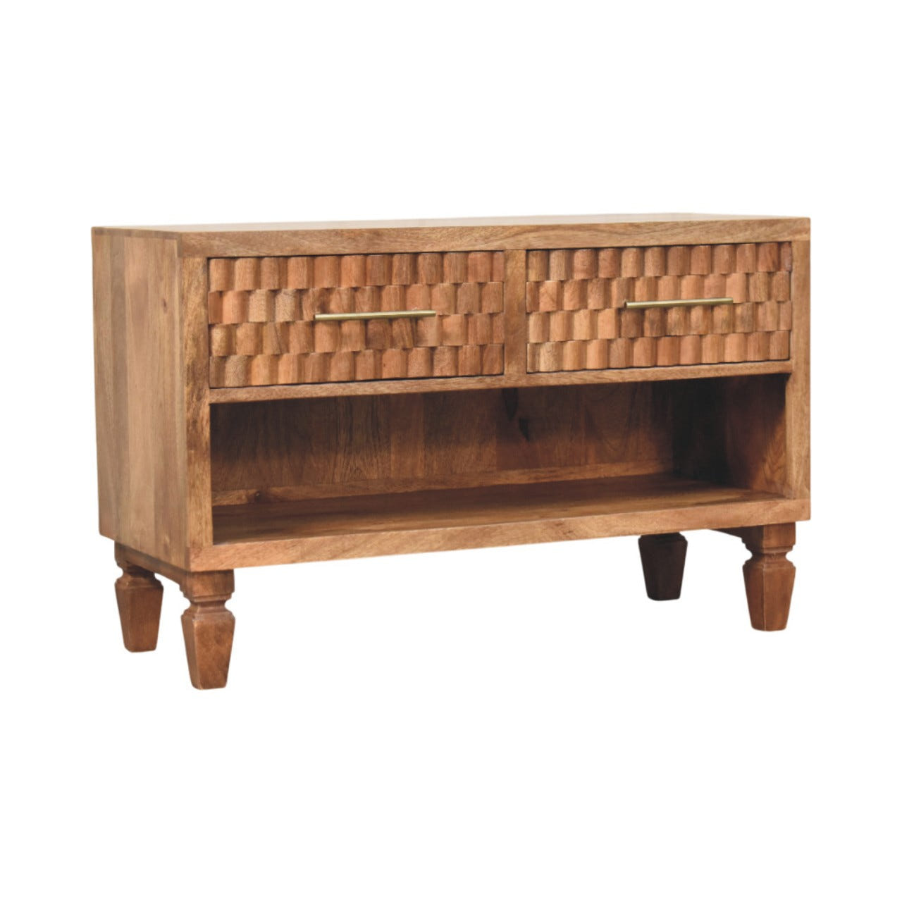 Arno Shoe Storage Unit in Golden Teak Chest of Drawers | Brass Open Shelf