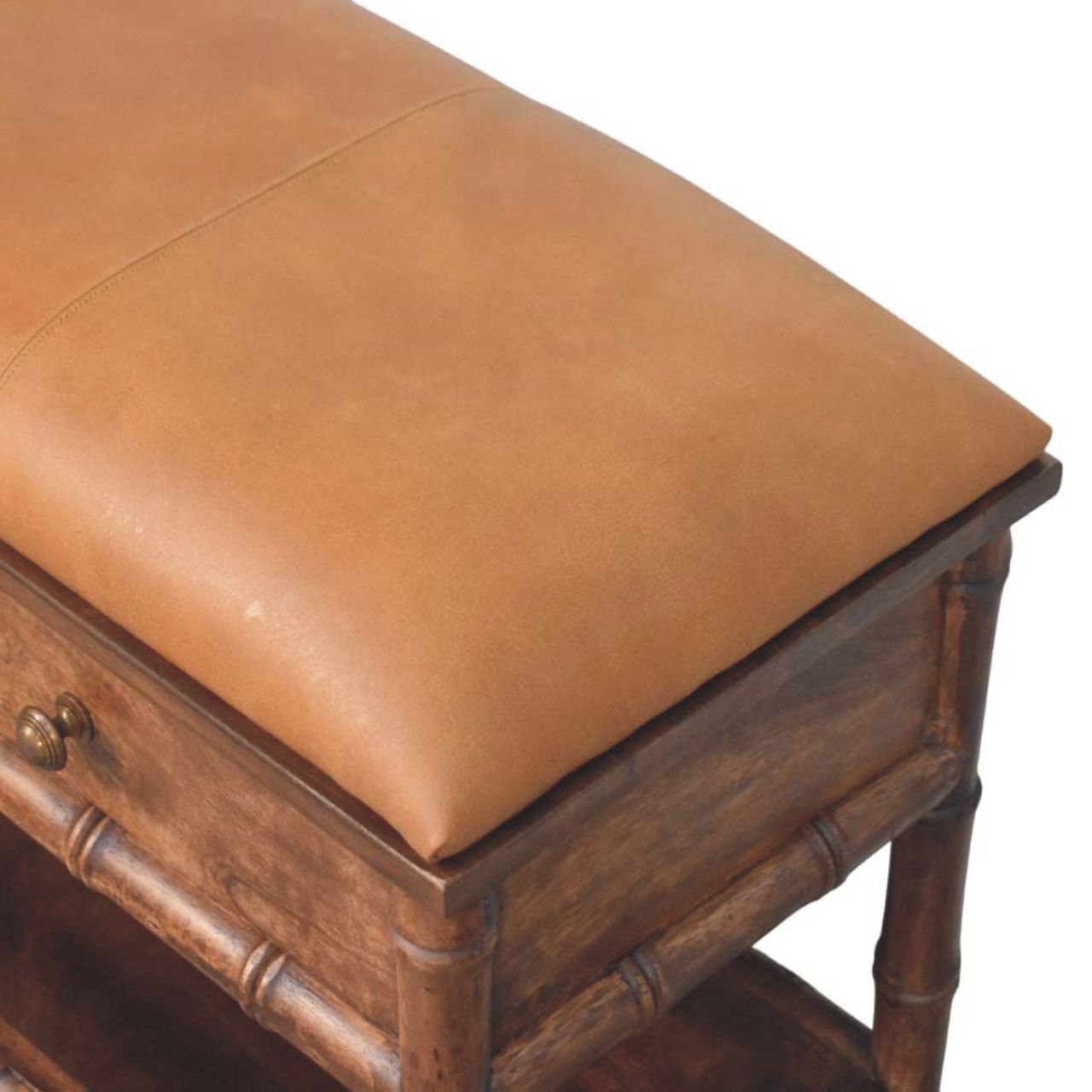 Bamboo Carved Storage Bench | Brass Solid Mango Wood Hand-Carved