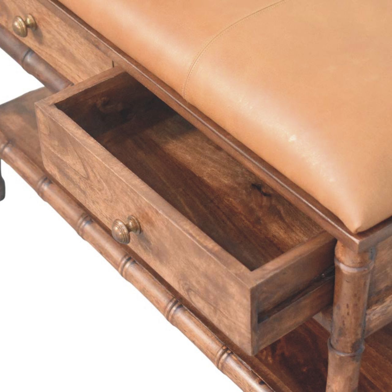 Bamboo Carved Storage Bench | Brass Solid Mango Wood Hand-Carved