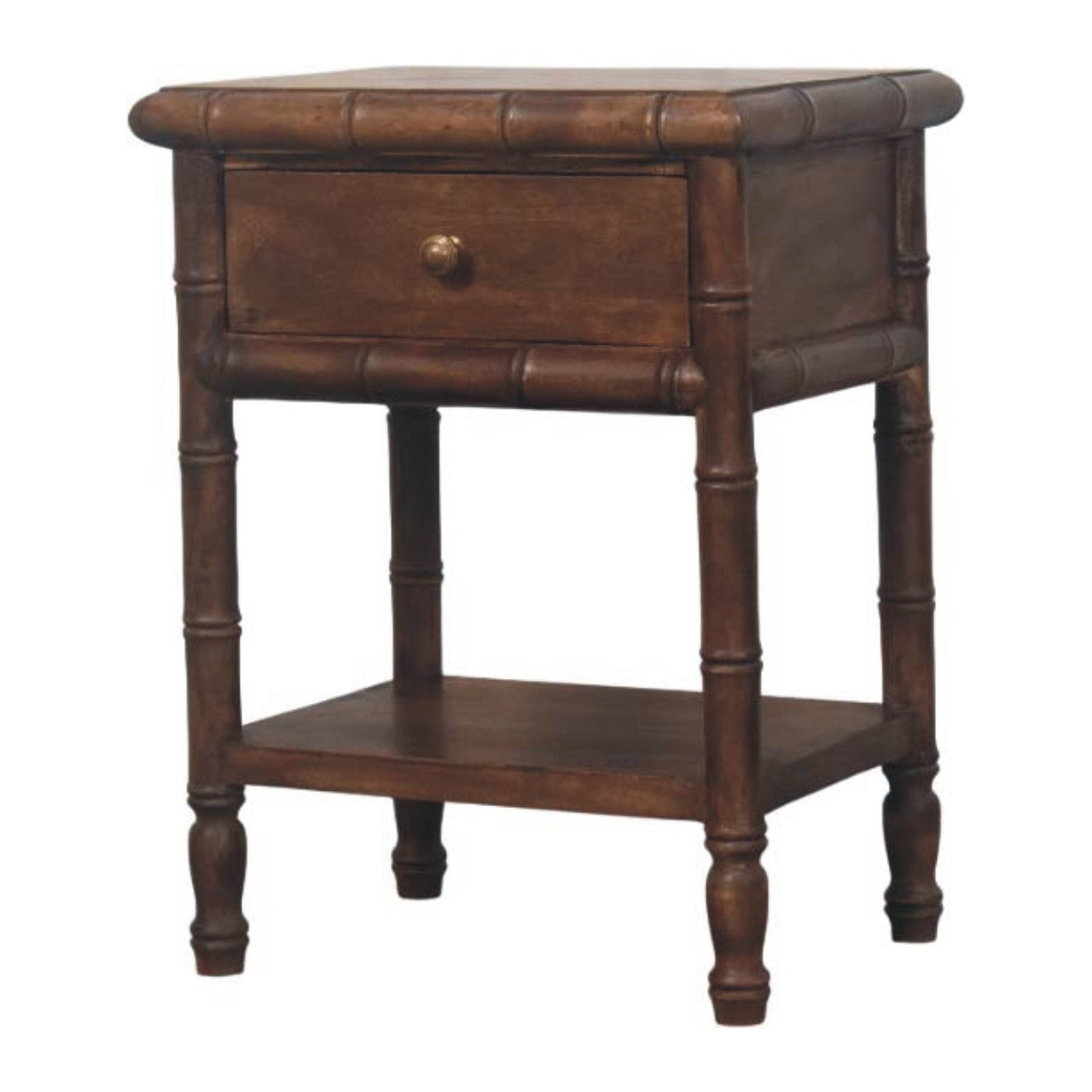 Bamboo Carved Bedside Table | Brass Solid Mango Wood Open Shelf