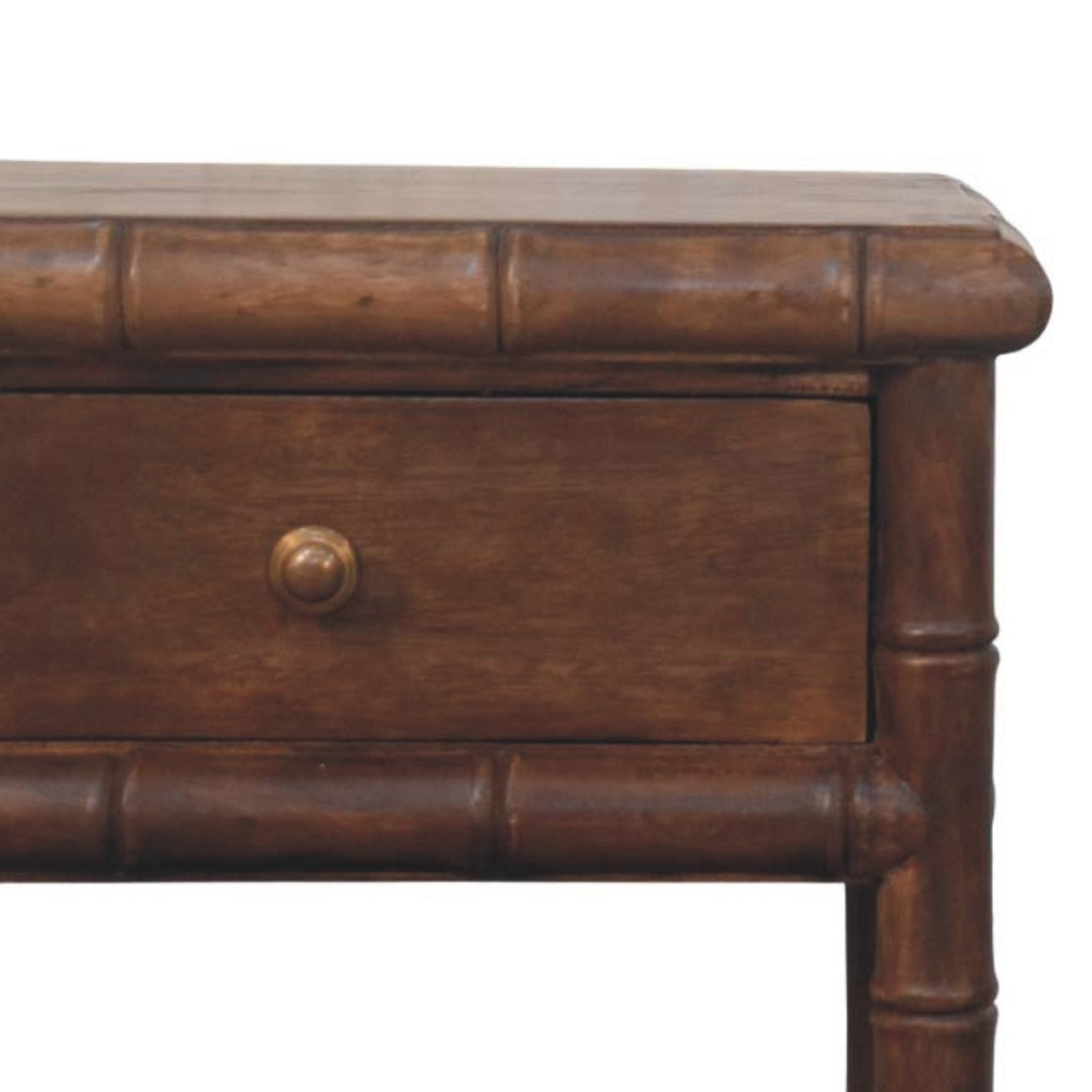 Bamboo Carved Bedside Table | Brass Solid Mango Wood Open Shelf