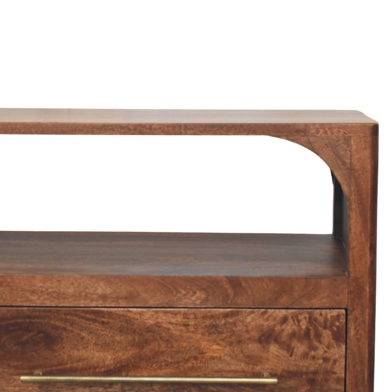 Arc-Line Media Console Table | Brass Solid Mango Wood Open Shelf