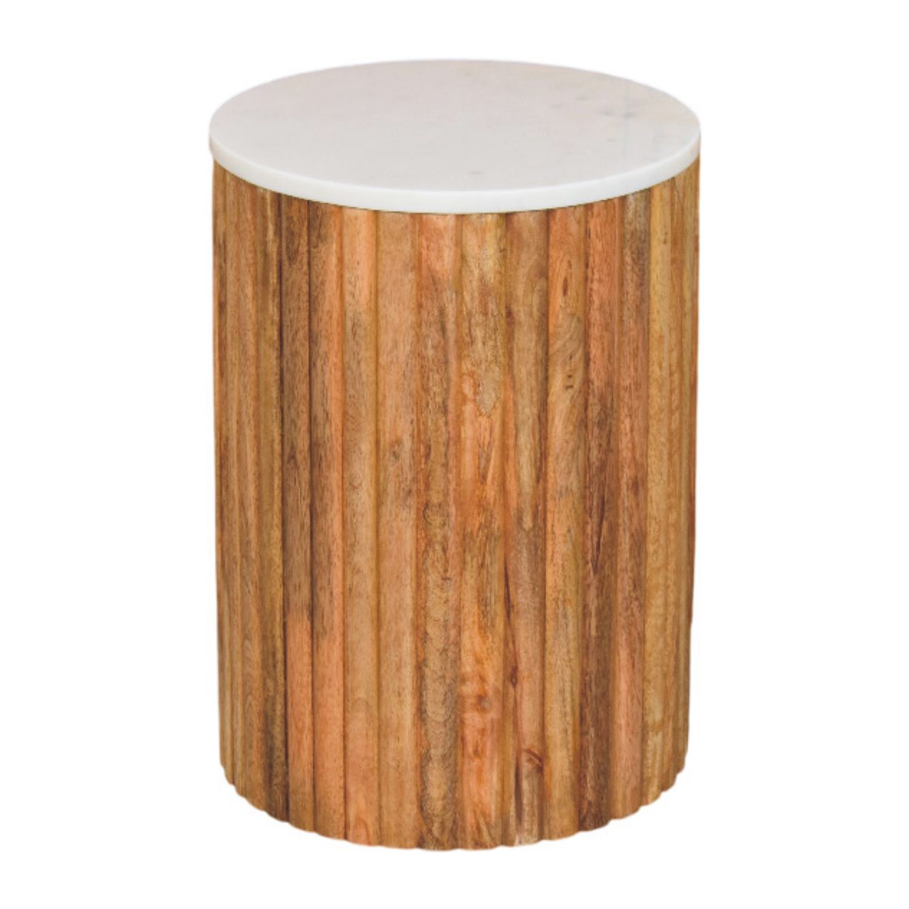 Fluted Marble Side Table Accent Piece | Marble-Effect Solid Mango Wood