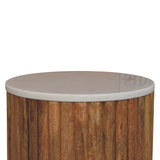 Fluted Marble Side Table Accent Piece | Marble-Effect Solid Mango Wood
