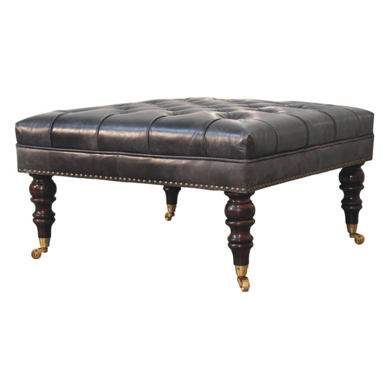 Black Leather Upholstered Ottoman