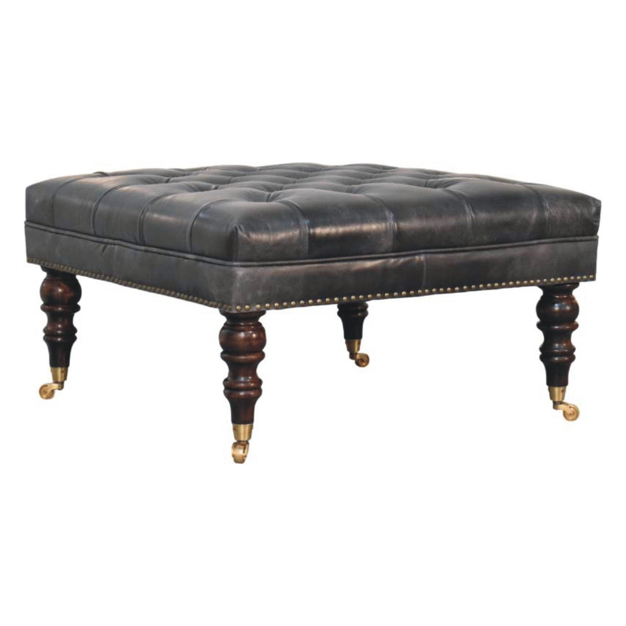 Black Leather Upholstered Ottoman
