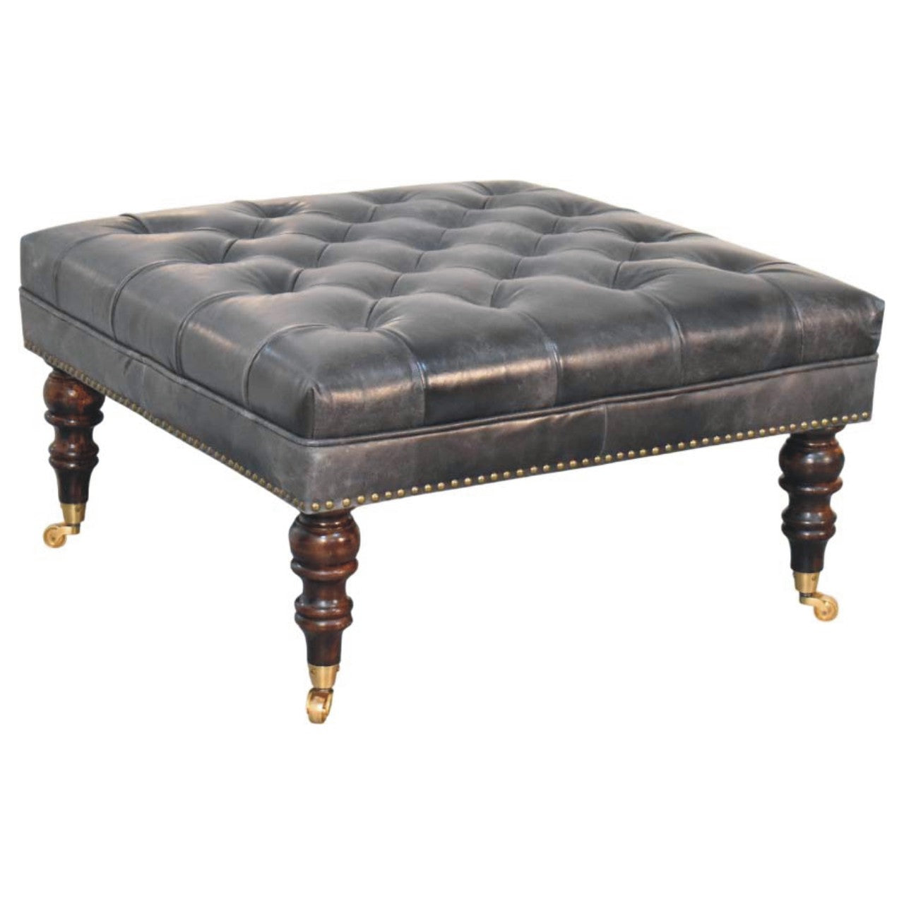 Black Leather Upholstered Ottoman