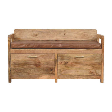 Oakish Storage Bench with Brown Leather Seat