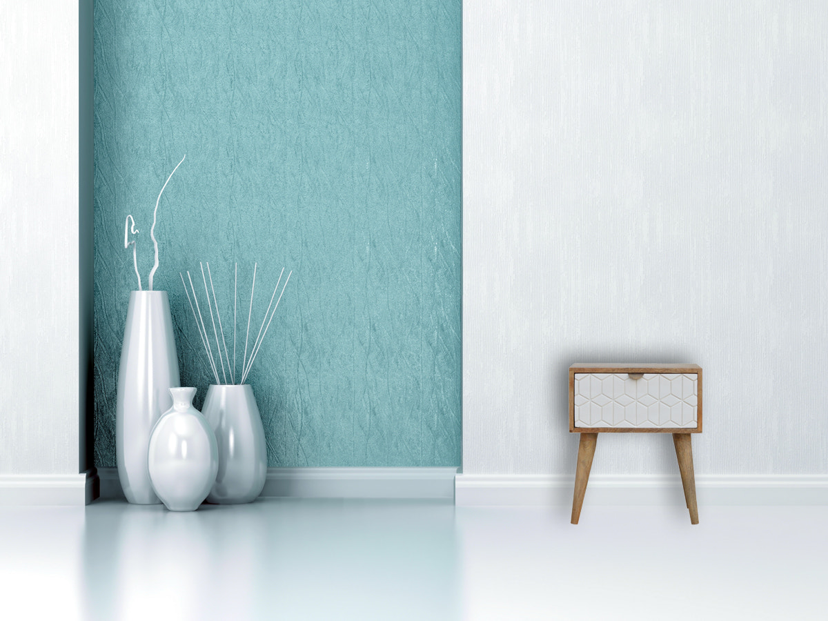 Sleek White Carved Bedside Table | Oak Solid Mango Wood Hand-Carved