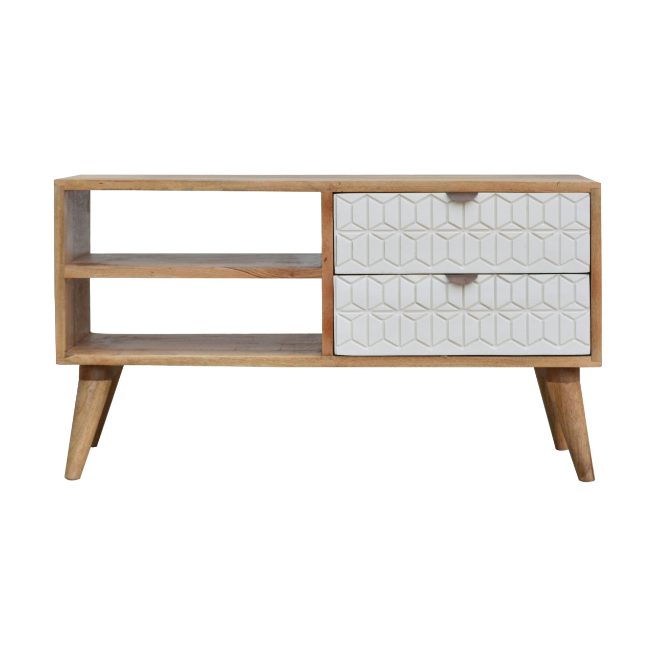 Sleek White Carved TV Media Unit | Oak Mango Wood Hand-Carved