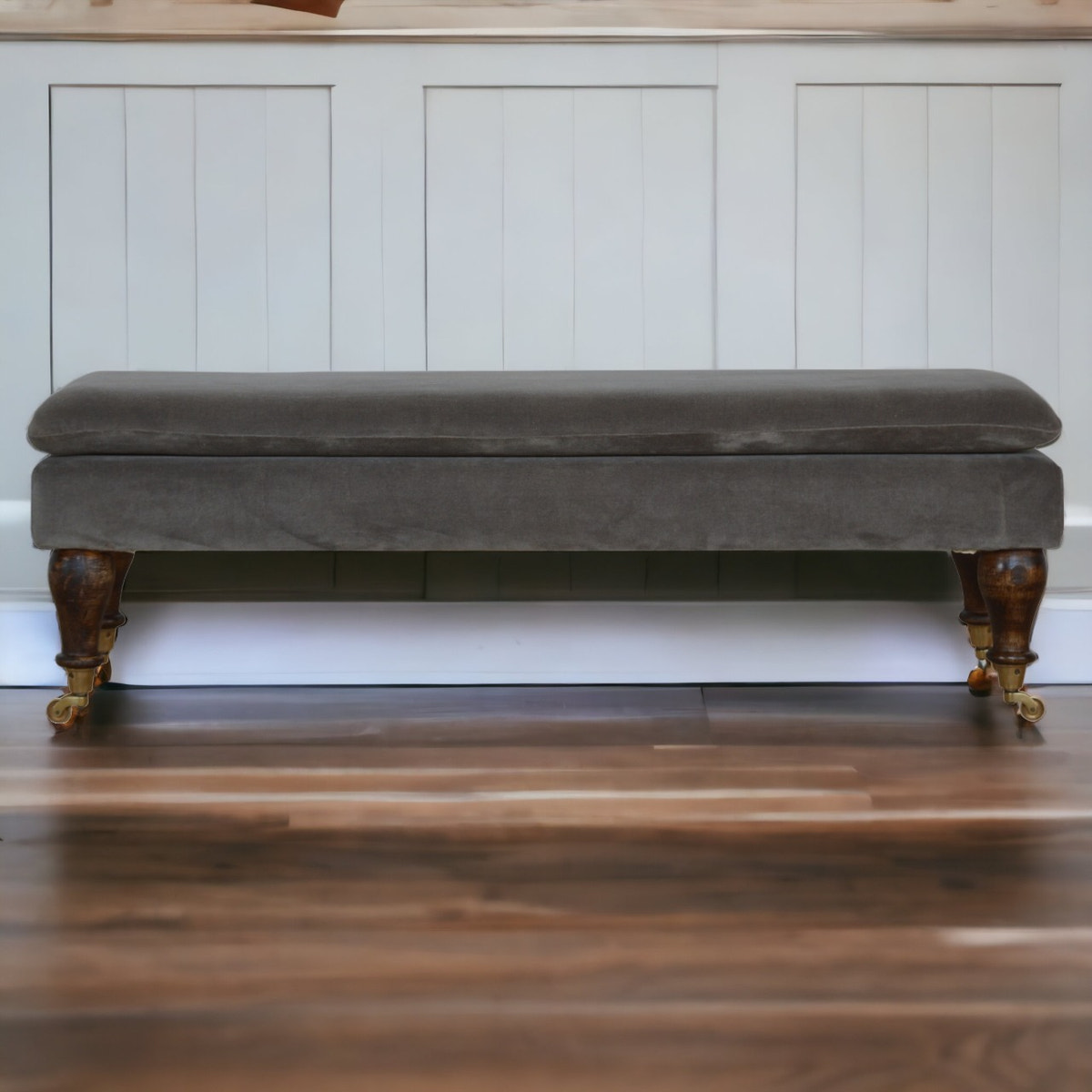 Grey Velvet Bench with Castor Feet | Cotton Velvet