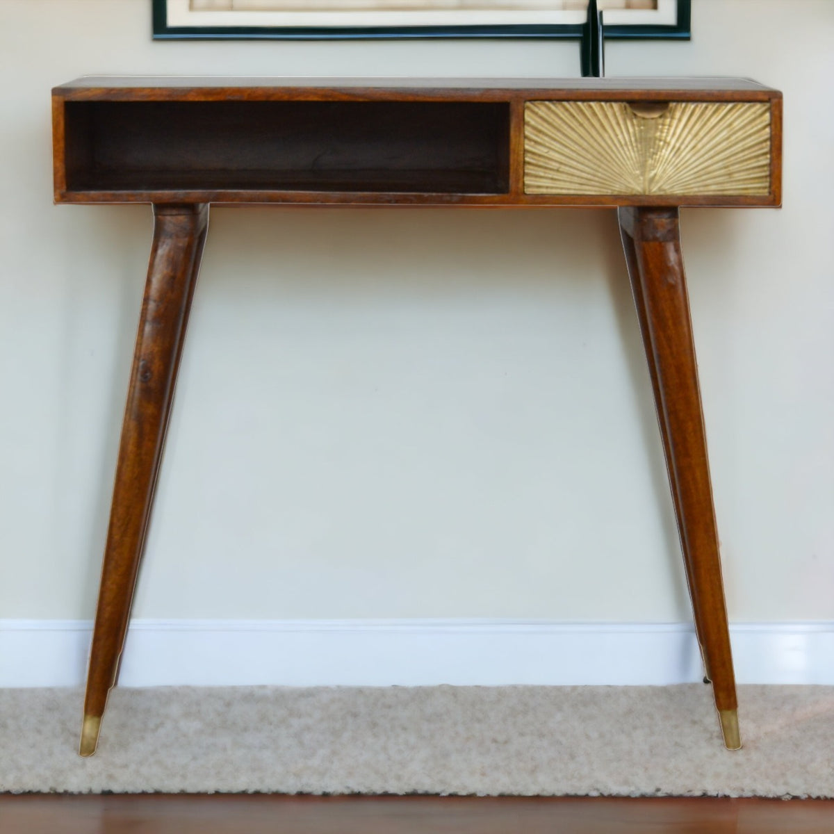 Sunrise Gold Carved Writing Desk | Chestnut Mango Wood Hand-Carved