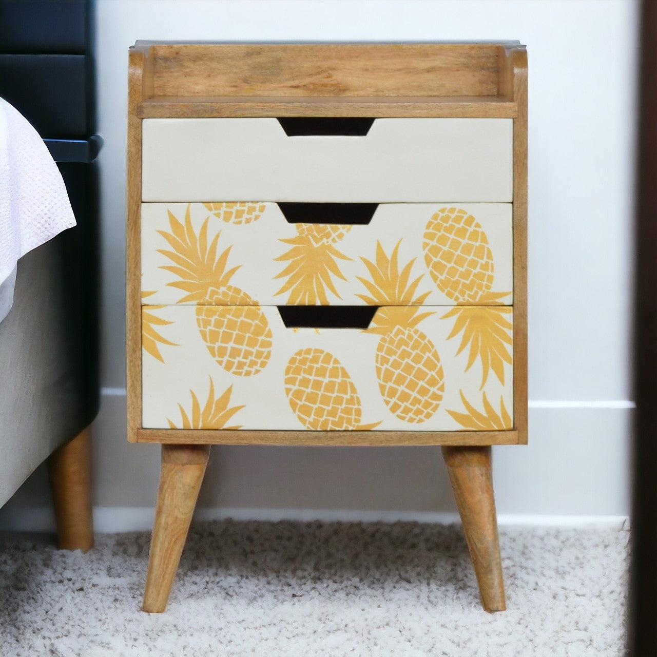 Pineapple Screen Printed Bedside Table | Oak Mango Wood