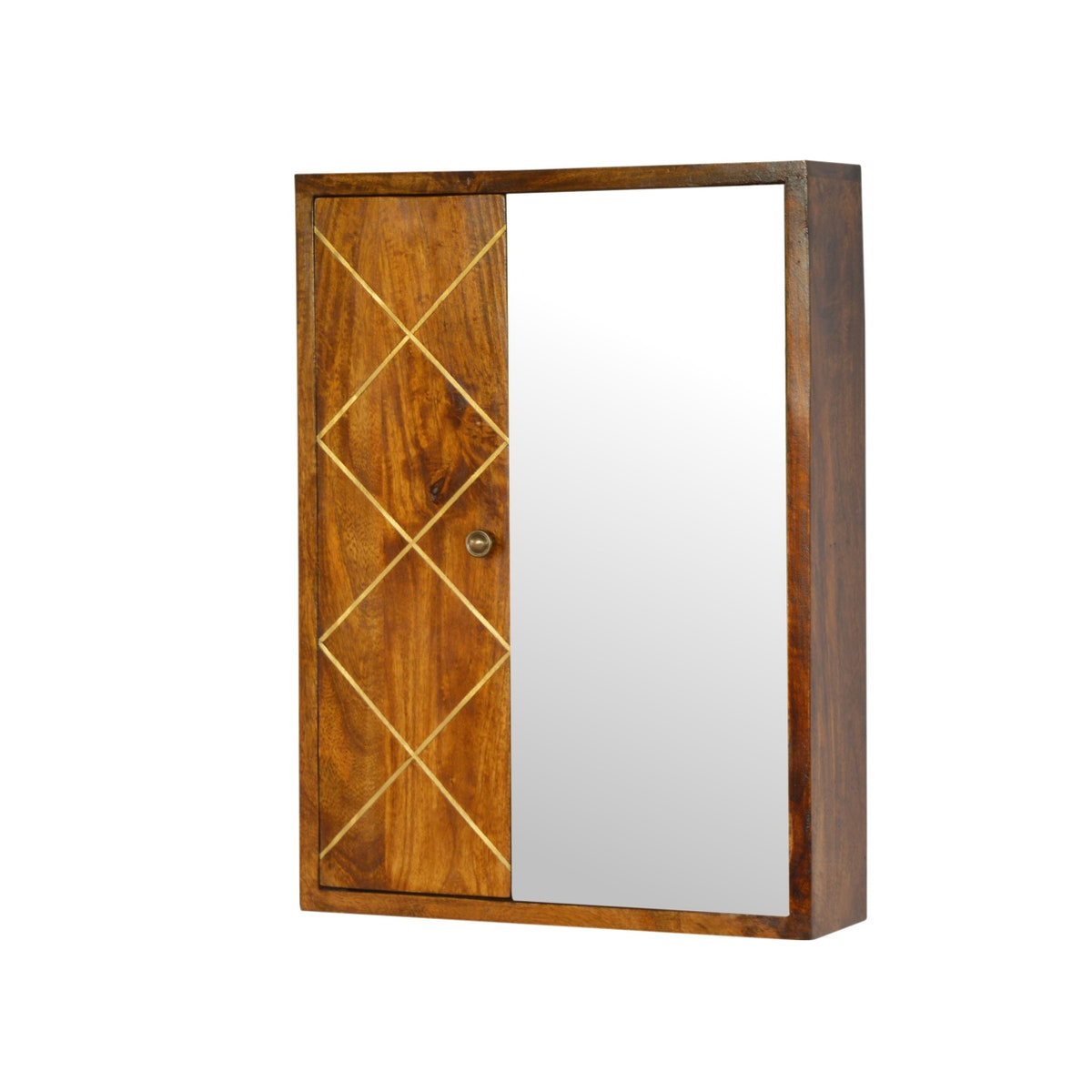 Sliding Brass Wall Chest of Drawers | Chestnut Solid Mango Wood Wall-Mounted