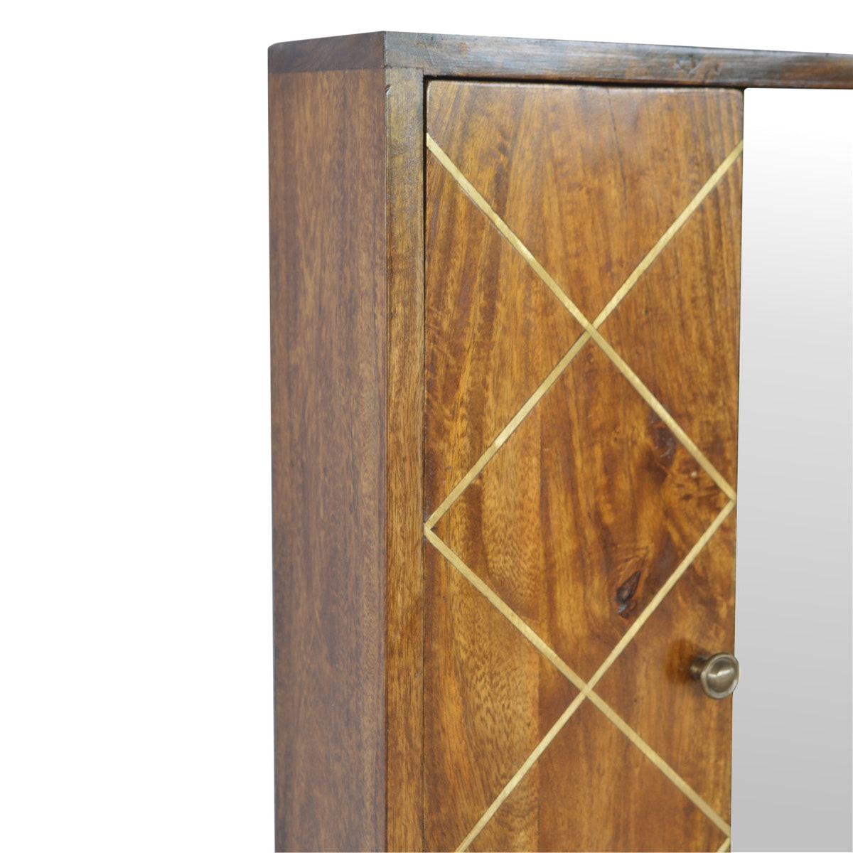 Sliding Brass Wall Chest of Drawers | Chestnut Solid Mango Wood Wall-Mounted