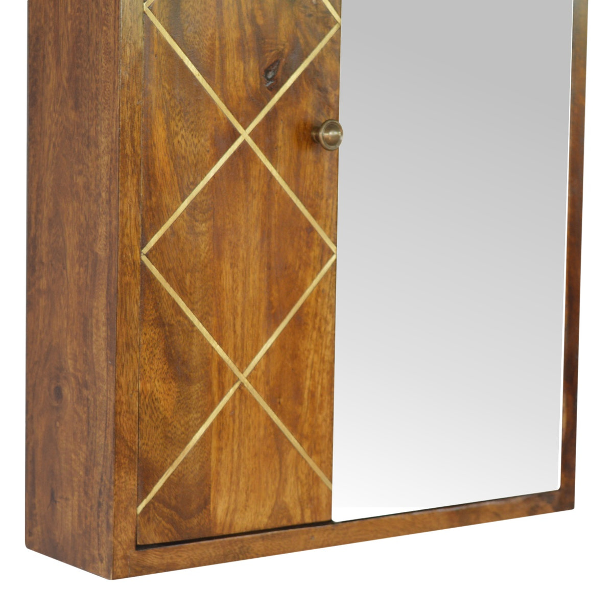 Sliding Brass Wall Chest of Drawers | Chestnut Solid Mango Wood Wall-Mounted
