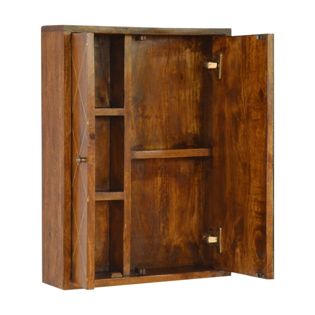 Sliding Brass Wall Chest of Drawers | Chestnut Solid Mango Wood Wall-Mounted