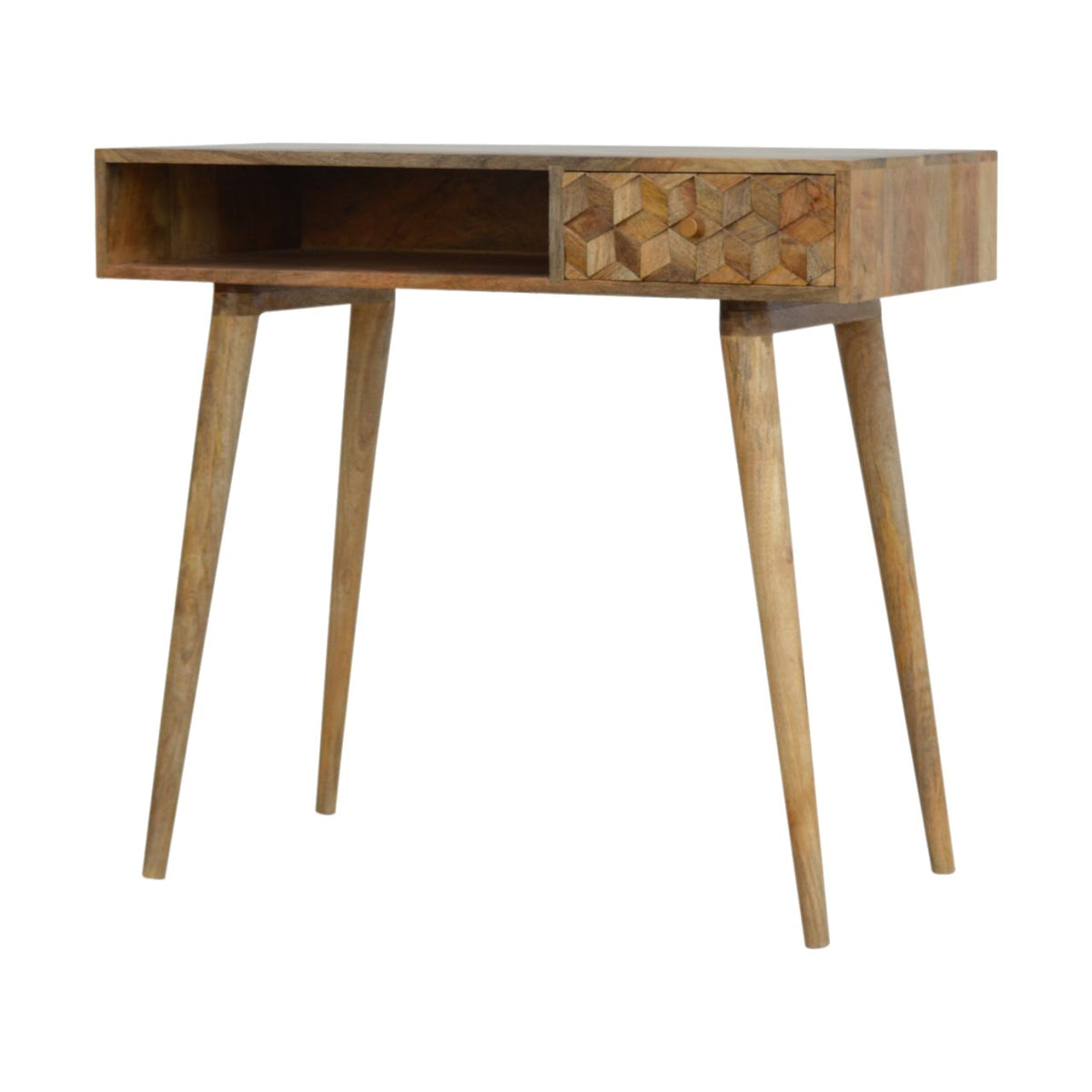 Cube Carved Writing Desk | Oak Mango Wood Hand-Carved