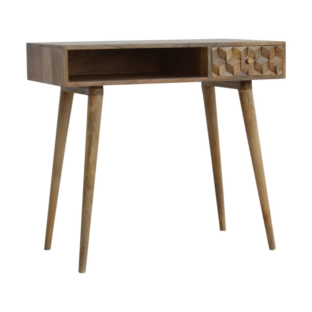 Cube Carved Writing Desk | Oak Mango Wood Hand-Carved