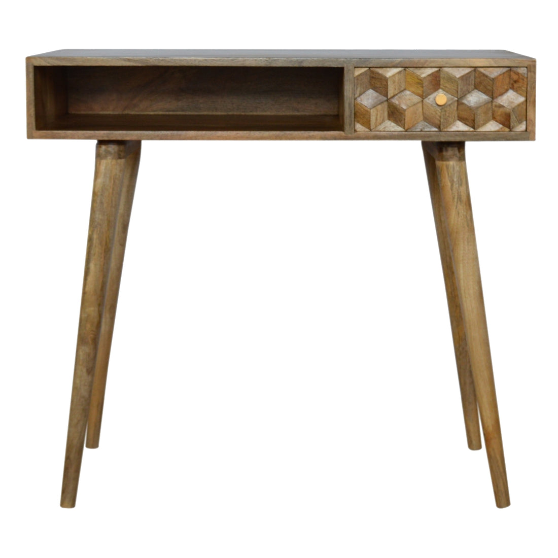 Cube Carved Writing Desk | Oak Mango Wood Hand-Carved