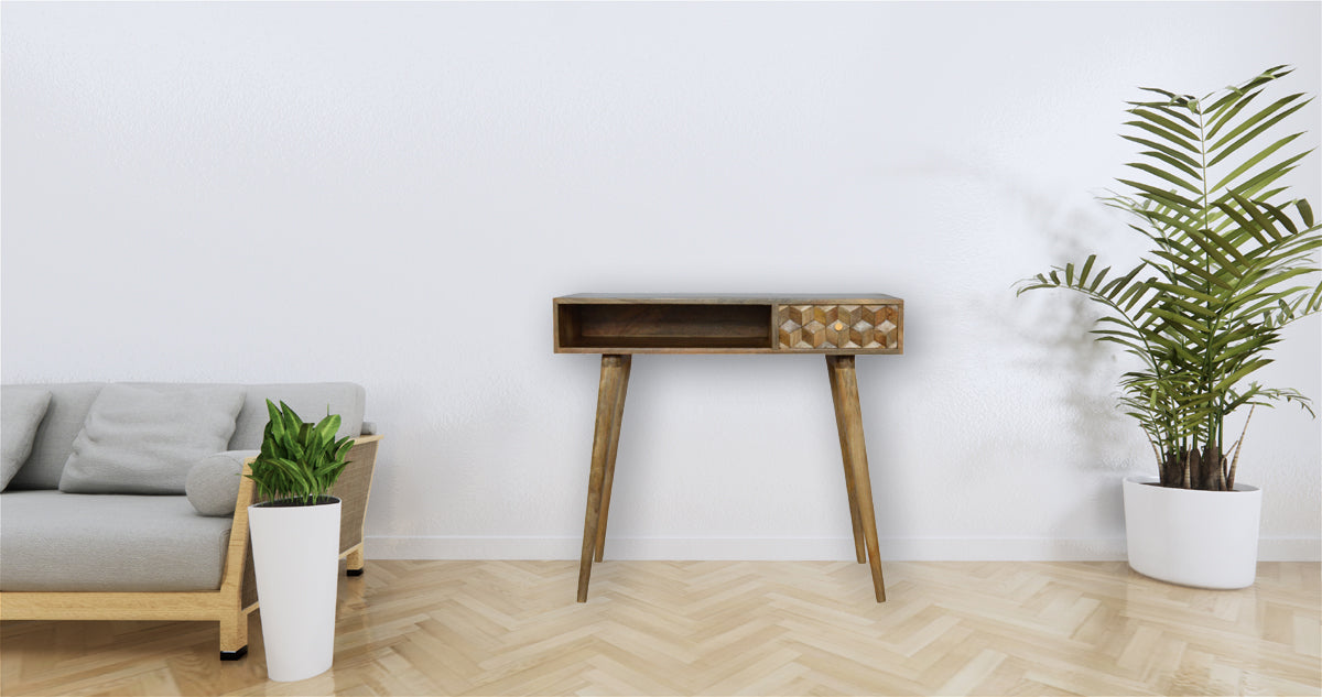 Cube Carved Writing Desk | Oak Mango Wood Hand-Carved