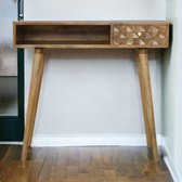 Diamond Carved Writing Desk | Oak-Ish Solid Mango Wood Hand-Carved